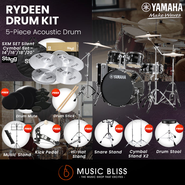 Yamaha Rydeen 5-Piece Acoustic Drum Kit – 22" Bass Drum – Shell Pack Only or Complete Package with Hardware & Cymbals - Black Glitter