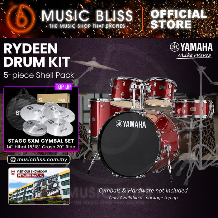 Yamaha Rydeen 5-Piece Acoustic Drum Kit – 20" Bass Drum – Shell Pack Only or Complete Package with Hardware & Cymbals - Burgundy Glitter