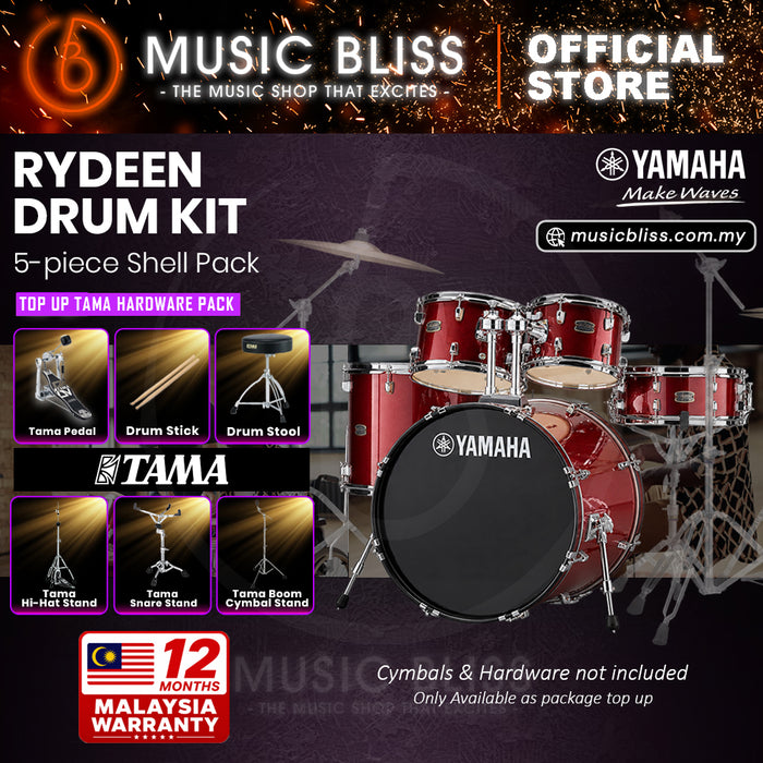 Yamaha Rydeen 5-Piece Acoustic Drum Kit – 20" Bass Drum – Shell Pack Only or Complete Package with Hardware & Cymbals - Burgundy Glitter
