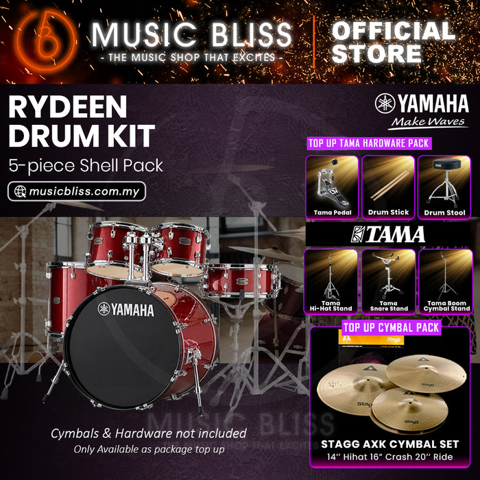 Yamaha Rydeen 5-Piece Acoustic Drum Kit – 20" Bass Drum – Shell Pack Only or Complete Package with Hardware & Cymbals - Burgundy Glitter