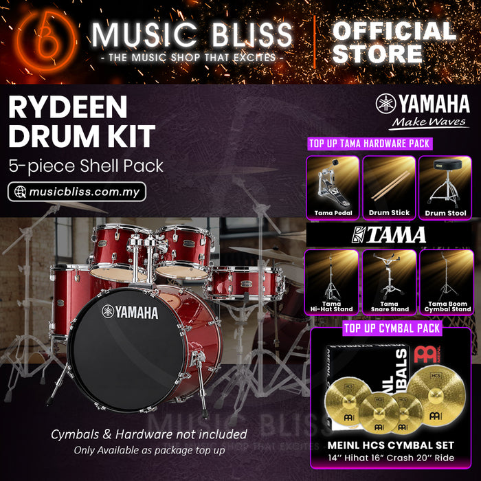 Yamaha Rydeen 5-Piece Acoustic Drum Kit – 20" Bass Drum – Shell Pack Only or Complete Package with Hardware & Cymbals - Burgundy Glitter