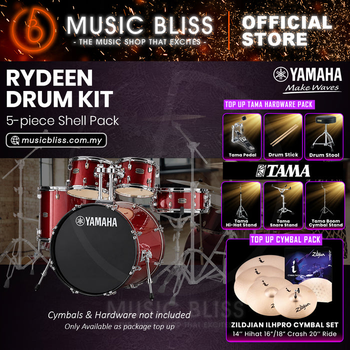 Yamaha Rydeen 5-Piece Acoustic Drum Kit – 20" Bass Drum – Shell Pack Only or Complete Package with Hardware & Cymbals - Burgundy Glitter