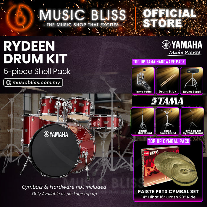 Yamaha Rydeen 5-Piece Acoustic Drum Kit – 20" Bass Drum – Shell Pack Only or Complete Package with Hardware & Cymbals - Burgundy Glitter