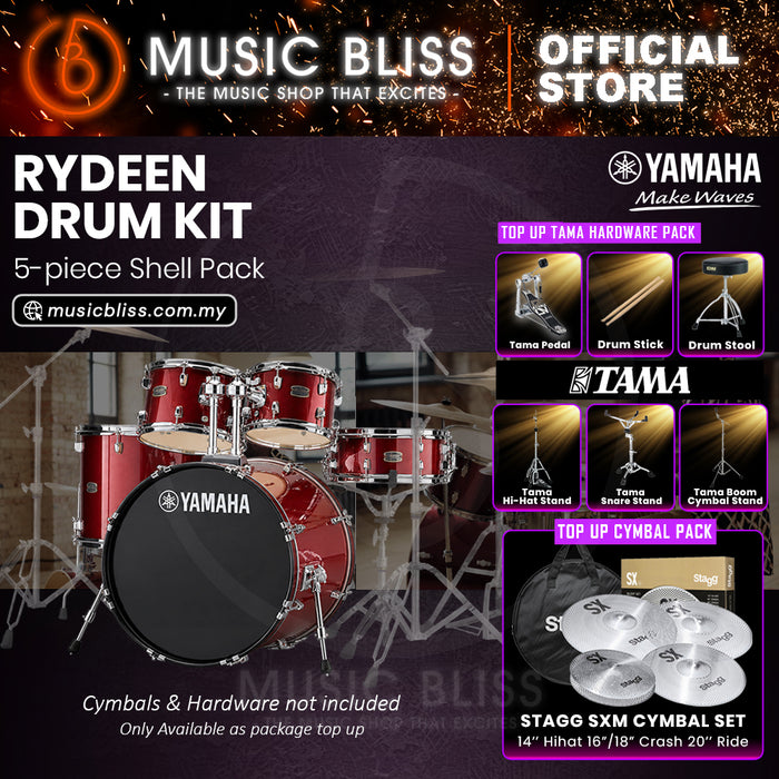 Yamaha Rydeen 5-Piece Acoustic Drum Kit – 20" Bass Drum – Shell Pack Only or Complete Package with Hardware & Cymbals - Burgundy Glitter