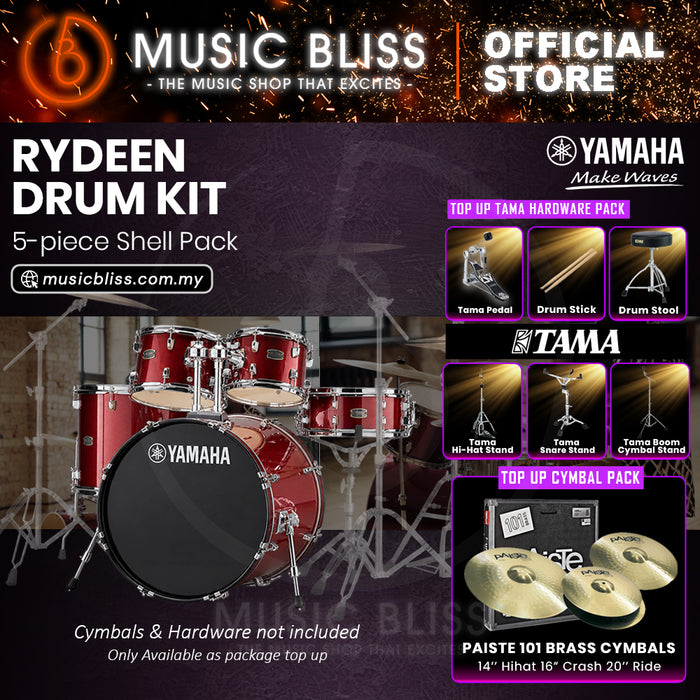 Yamaha Rydeen 5-Piece Acoustic Drum Kit – 20" Bass Drum – Shell Pack Only or Complete Package with Hardware & Cymbals - Burgundy Glitter