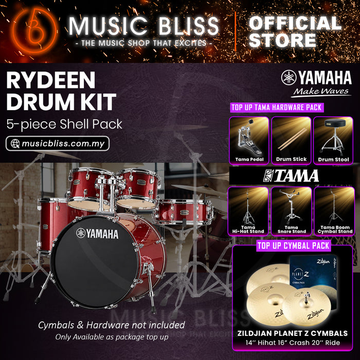 Yamaha Rydeen 5-Piece Acoustic Drum Kit – 20" Bass Drum – Shell Pack Only or Complete Package with Hardware & Cymbals - Burgundy Glitter