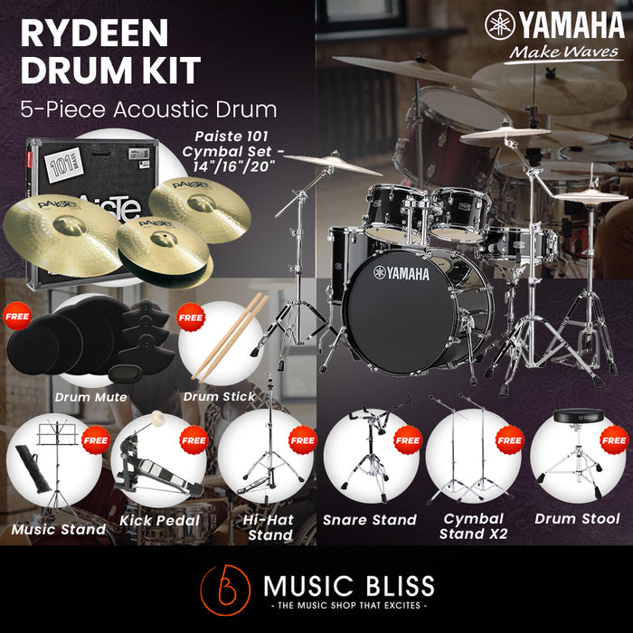 Yamaha Rydeen 5-Piece Acoustic Drum Kit – 22" Bass Drum – Shell Pack Only or Complete Package with Hardware & Cymbals - Black Glitter