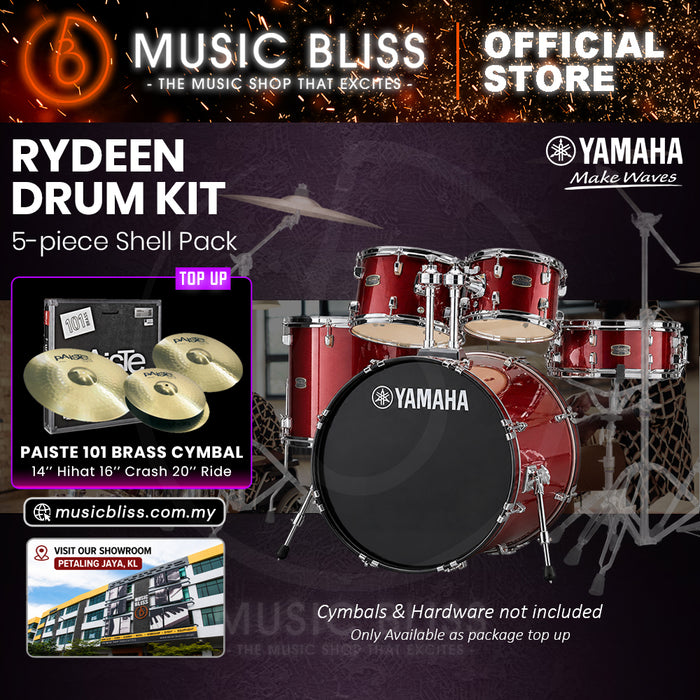 Yamaha Rydeen 5-Piece Acoustic Drum Kit – 20" Bass Drum – Shell Pack Only or Complete Package with Hardware & Cymbals - Burgundy Glitter