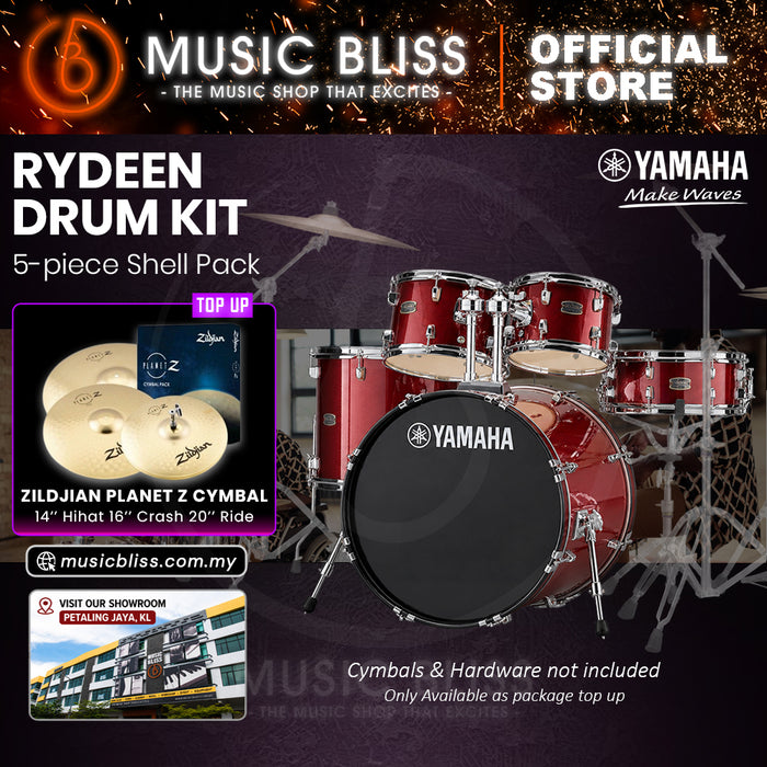 Yamaha Rydeen 5-Piece Acoustic Drum Kit – 20" Bass Drum – Shell Pack Only or Complete Package with Hardware & Cymbals - Burgundy Glitter
