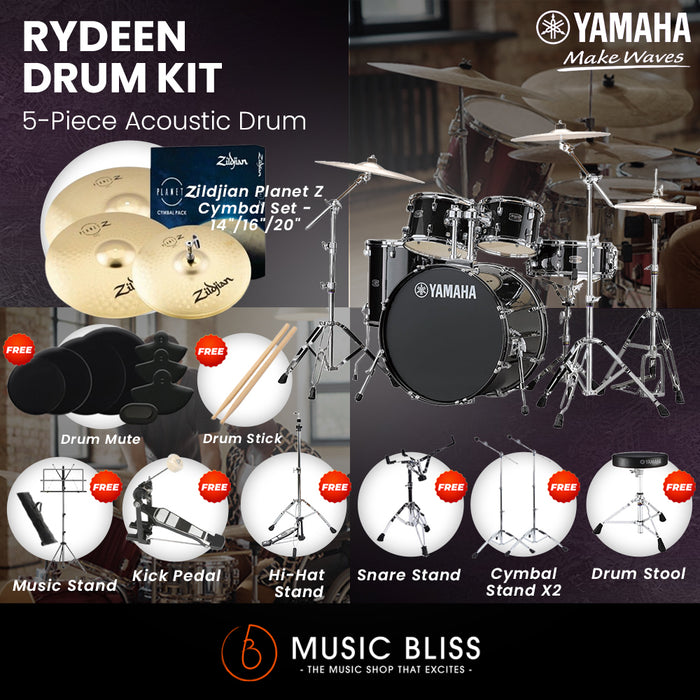 Yamaha Rydeen 5-Piece Acoustic Drum Kit – 22" Bass Drum – Shell Pack Only or Complete Package with Hardware & Cymbals - Black Glitter
