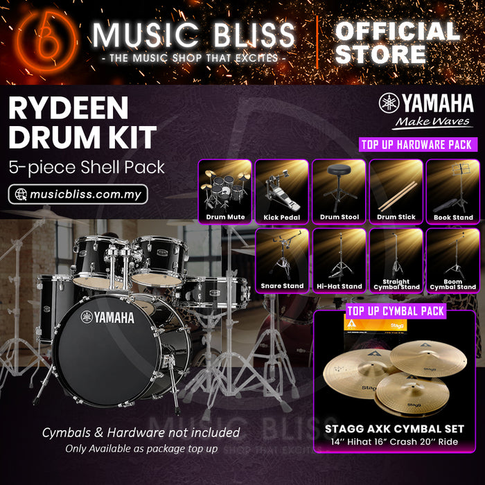 Yamaha Rydeen 5-Piece Acoustic Drum Kit – 22" Bass Drum – Shell Pack Only or Complete Package with Hardware & Cymbals - Black Glitter