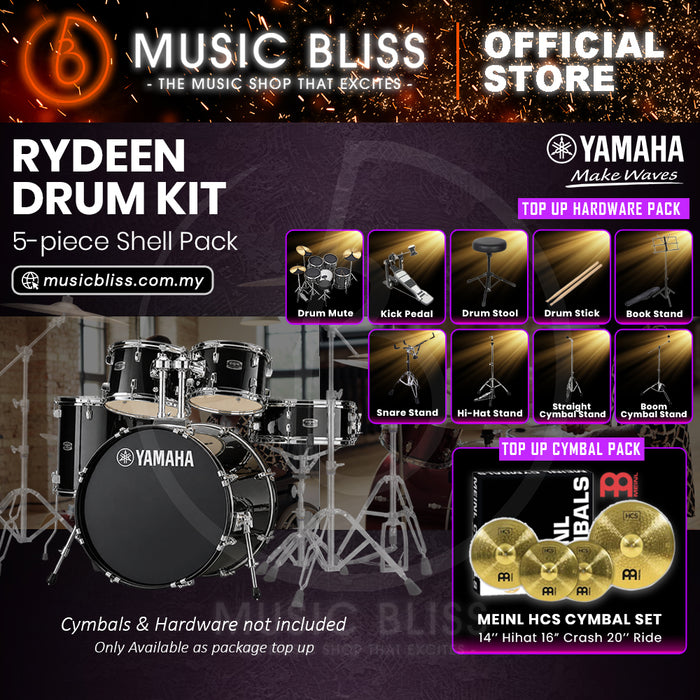 Yamaha Rydeen 5-Piece Acoustic Drum Kit – 22" Bass Drum – Shell Pack Only or Complete Package with Hardware & Cymbals - Black Glitter