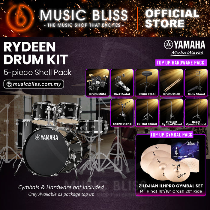 Yamaha Rydeen 5-Piece Acoustic Drum Kit – 22" Bass Drum – Shell Pack Only or Complete Package with Hardware & Cymbals - Black Glitter