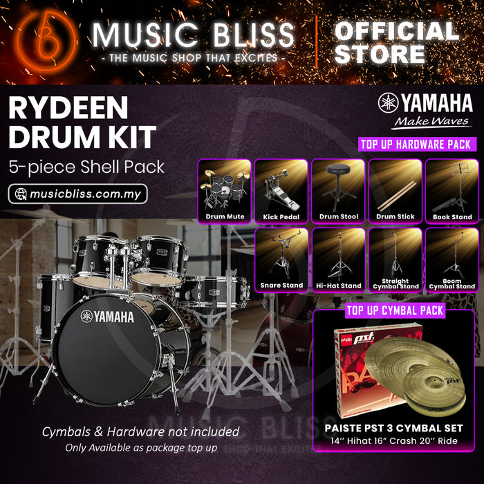 Yamaha Rydeen 5-Piece Acoustic Drum Kit – 22" Bass Drum – Shell Pack Only or Complete Package with Hardware & Cymbals - Black Glitter