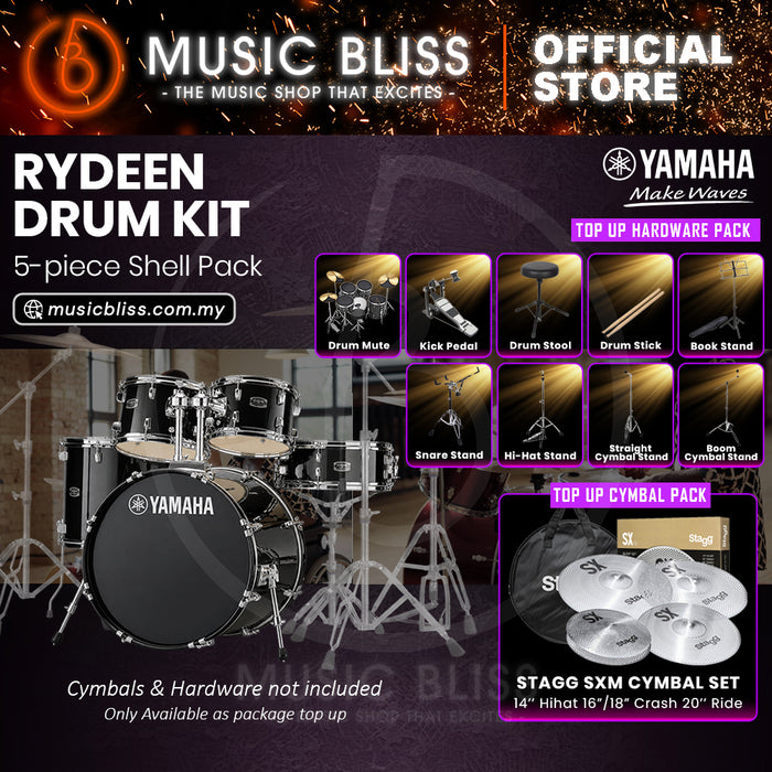 Yamaha Rydeen 5-Piece Acoustic Drum Kit – 22" Bass Drum – Shell Pack Only or Complete Package with Hardware & Cymbals - Black Glitter