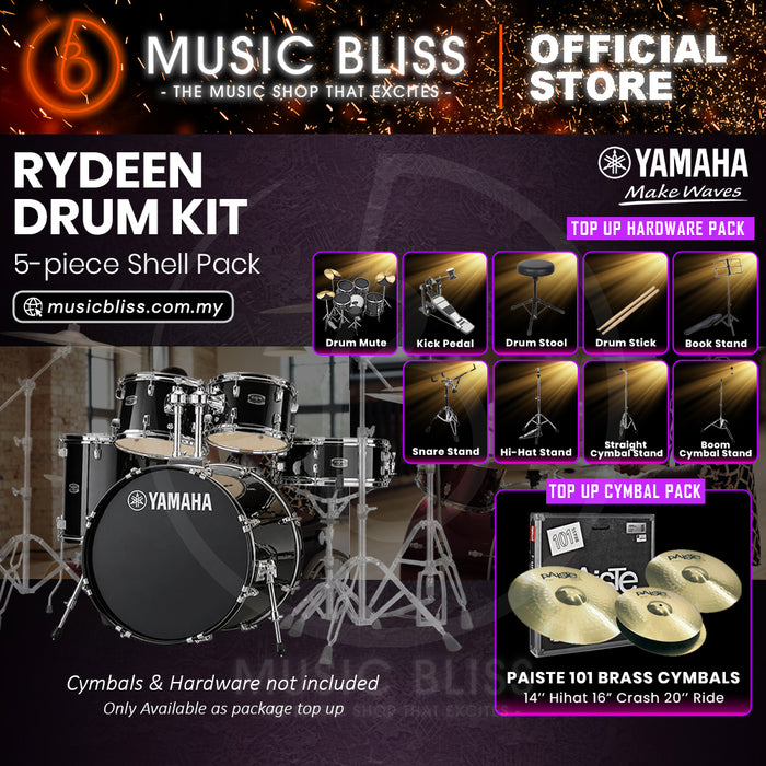 Yamaha Rydeen 5-Piece Acoustic Drum Kit – 22" Bass Drum – Shell Pack Only or Complete Package with Hardware & Cymbals - Black Glitter