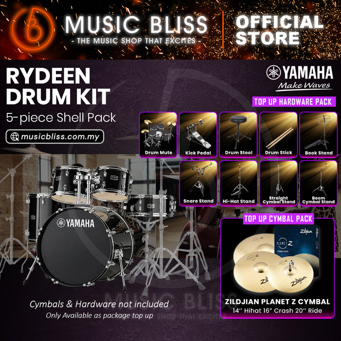 Yamaha Rydeen 5-Piece Acoustic Drum Kit – 22" Bass Drum – Shell Pack Only or Complete Package with Hardware & Cymbals - Black Glitter