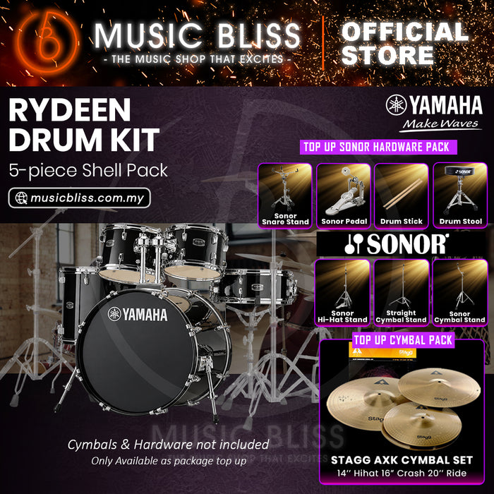 Yamaha Rydeen 5-Piece Acoustic Drum Kit – 22" Bass Drum – Shell Pack Only or Complete Package with Hardware & Cymbals - Black Glitter
