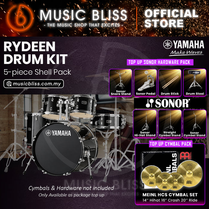 Yamaha Rydeen 5-Piece Acoustic Drum Kit – 22" Bass Drum – Shell Pack Only or Complete Package with Hardware & Cymbals - Black Glitter