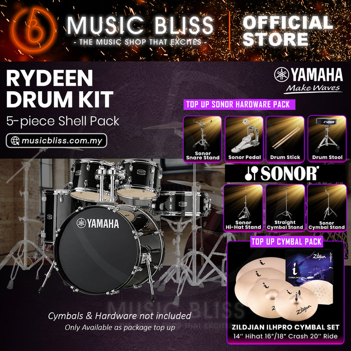 Yamaha Rydeen 5-Piece Acoustic Drum Kit – 22" Bass Drum – Shell Pack Only or Complete Package with Hardware & Cymbals - Black Glitter