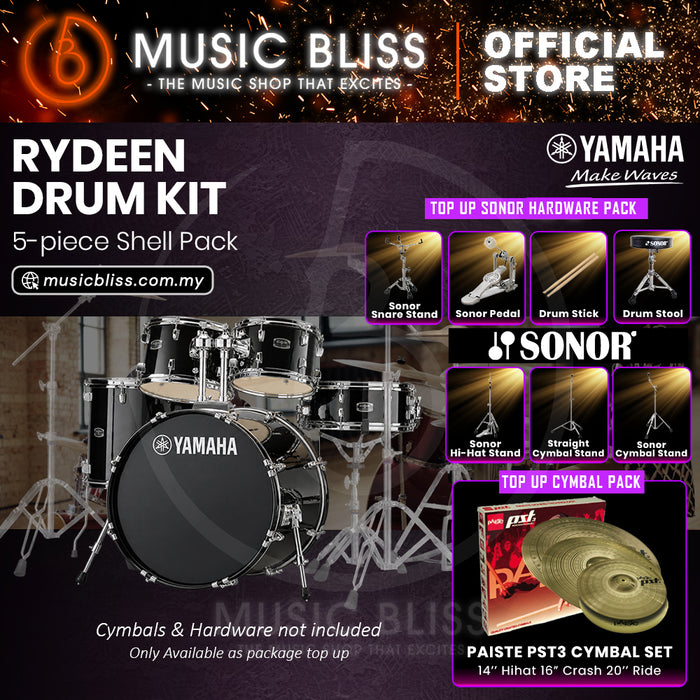 Yamaha Rydeen 5-Piece Acoustic Drum Kit – 22" Bass Drum – Shell Pack Only or Complete Package with Hardware & Cymbals - Black Glitter