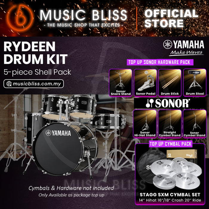 Yamaha Rydeen 5-Piece Acoustic Drum Kit – 22" Bass Drum – Shell Pack Only or Complete Package with Hardware & Cymbals - Black Glitter