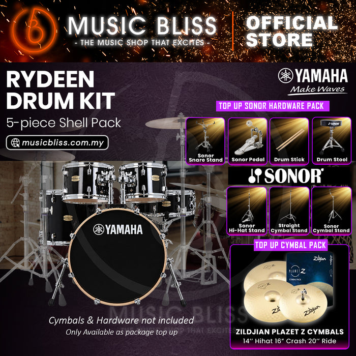 Yamaha Rydeen 5-Piece Acoustic Drum Kit – 22" Bass Drum – Shell Pack Only or Complete Package with Hardware & Cymbals - Black Glitter