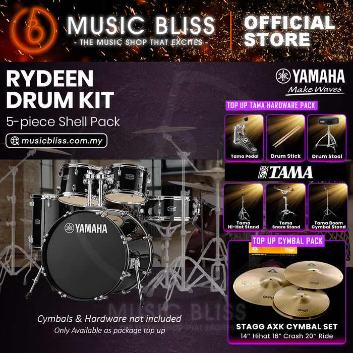 Yamaha Rydeen 5-Piece Acoustic Drum Kit – 22" Bass Drum – Shell Pack Only or Complete Package with Hardware & Cymbals - Black Glitter