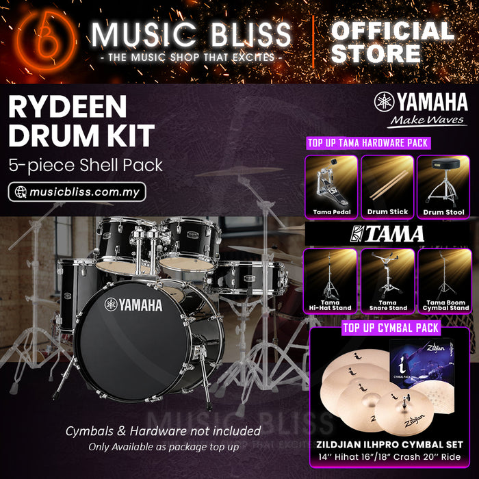 Yamaha Rydeen 5-Piece Acoustic Drum Kit – 22" Bass Drum – Shell Pack Only or Complete Package with Hardware & Cymbals - Black Glitter