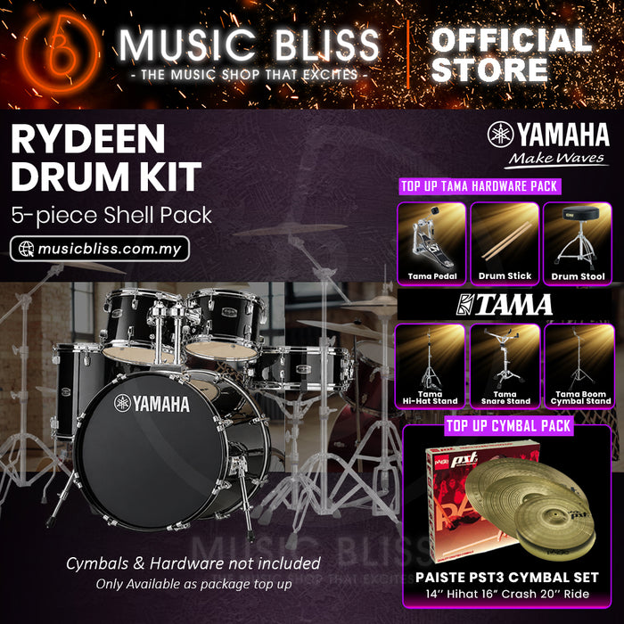 Yamaha Rydeen 5-Piece Acoustic Drum Kit – 22" Bass Drum – Shell Pack Only or Complete Package with Hardware & Cymbals - Black Glitter