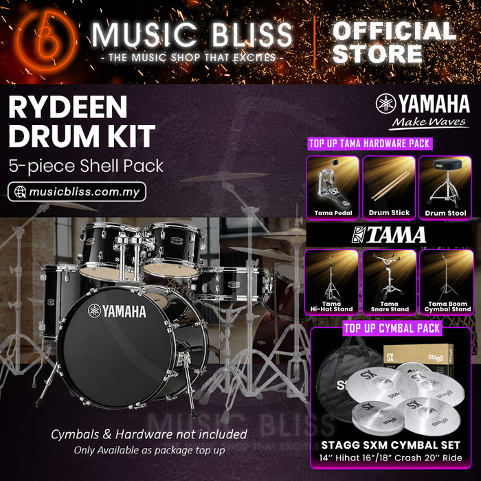 Yamaha Rydeen 5-Piece Acoustic Drum Kit – 22" Bass Drum – Shell Pack Only or Complete Package with Hardware & Cymbals - Black Glitter