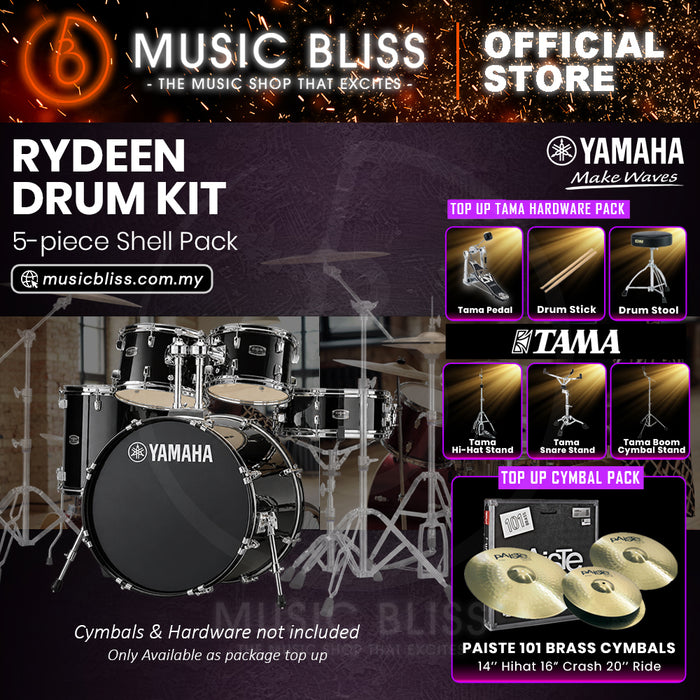 Yamaha Rydeen 5-Piece Acoustic Drum Kit – 22" Bass Drum – Shell Pack Only or Complete Package with Hardware & Cymbals - Black Glitter