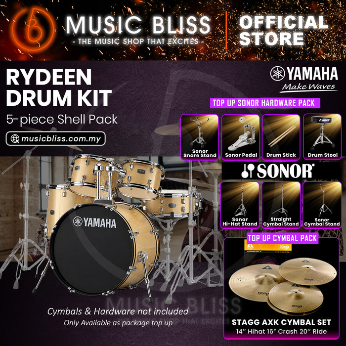 Yamaha Rydeen 5-Piece Acoustic Drum Kit – 22" Bass Drum – Shell Pack Only or Complete Package with Hardware & Cymbals - Champagne Glitter