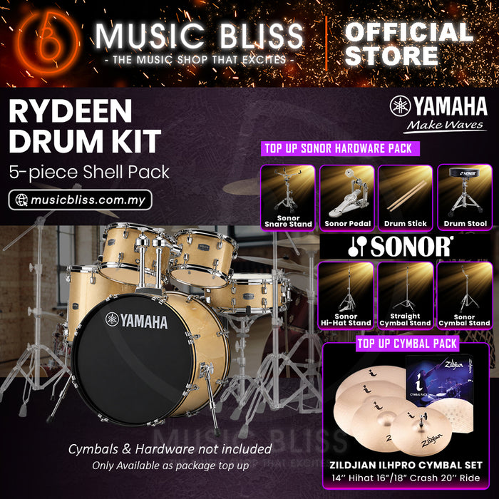 Yamaha Rydeen 5-Piece Acoustic Drum Kit – 22" Bass Drum – Shell Pack Only or Complete Package with Hardware & Cymbals - Champagne Glitter