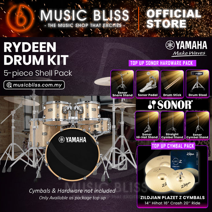Yamaha Rydeen 5-Piece Acoustic Drum Kit – 22" Bass Drum – Shell Pack Only or Complete Package with Hardware & Cymbals - Champagne Glitter