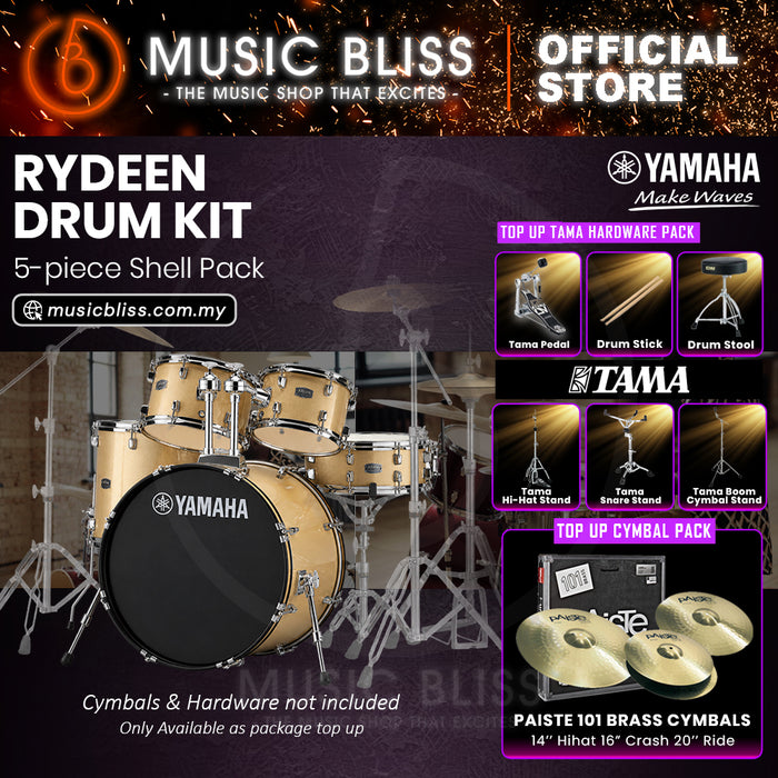 Yamaha Rydeen 5-Piece Acoustic Drum Kit – 22" Bass Drum – Shell Pack Only or Complete Package with Hardware & Cymbals - Champagne Glitter