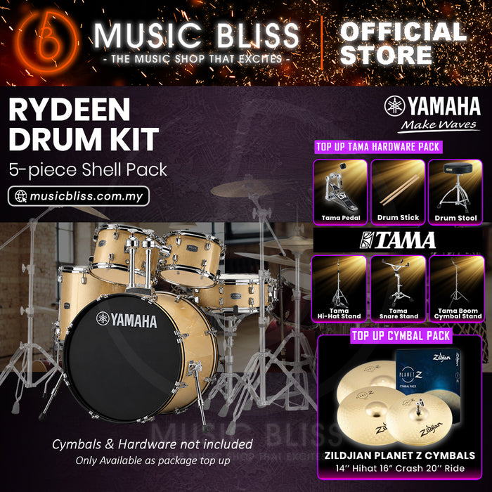 Yamaha Rydeen 5-Piece Acoustic Drum Kit – 22" Bass Drum – Shell Pack Only or Complete Package with Hardware & Cymbals - Champagne Glitter