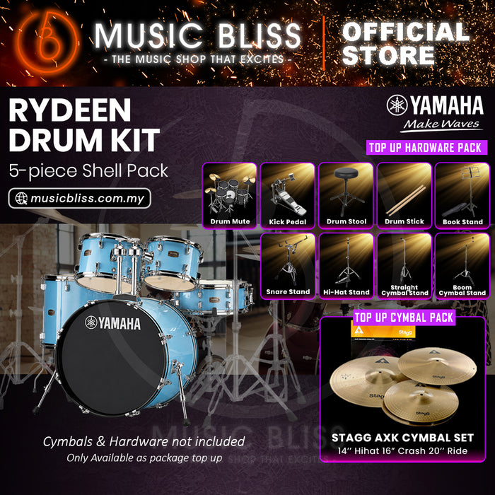 Yamaha Rydeen 5-Piece Acoustic Drum Kit – 22" Bass Drum – Shell Pack Only or Complete Package with Hardware & Cymbals - Gloss Pale Blue
