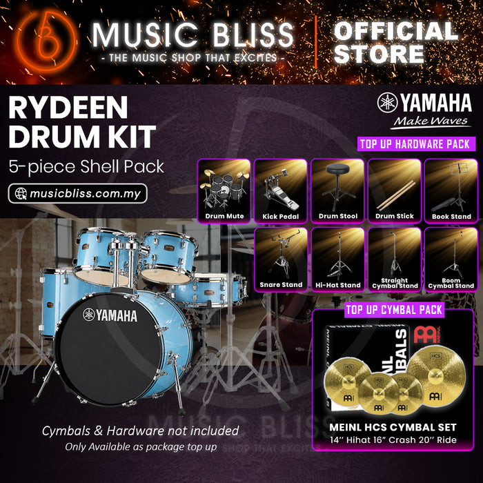 Yamaha Rydeen 5-Piece Acoustic Drum Kit – 22" Bass Drum – Shell Pack Only or Complete Package with Hardware & Cymbals - Gloss Pale Blue