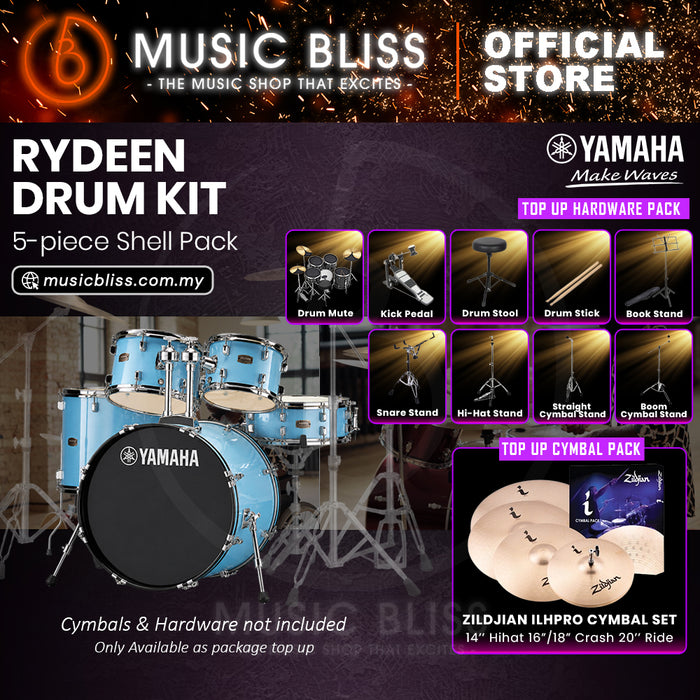 Yamaha Rydeen 5-Piece Acoustic Drum Kit – 22" Bass Drum – Shell Pack Only or Complete Package with Hardware & Cymbals - Gloss Pale Blue