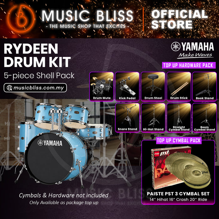 Yamaha Rydeen 5-Piece Acoustic Drum Kit – 22" Bass Drum – Shell Pack Only or Complete Package with Hardware & Cymbals - Gloss Pale Blue
