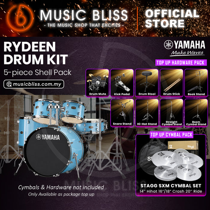 Yamaha Rydeen 5-Piece Acoustic Drum Kit – 22" Bass Drum – Shell Pack Only or Complete Package with Hardware & Cymbals - Gloss Pale Blue