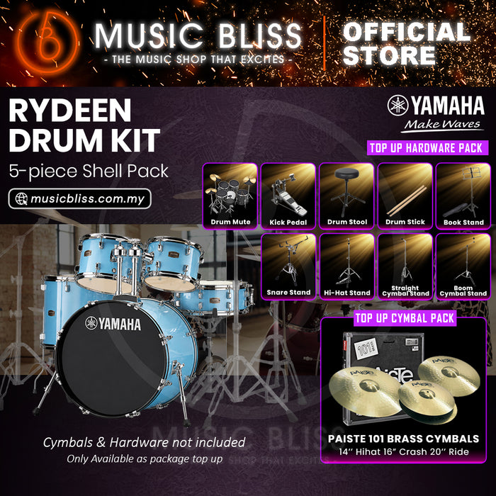 Yamaha Rydeen 5-Piece Acoustic Drum Kit – 22" Bass Drum – Shell Pack Only or Complete Package with Hardware & Cymbals - Gloss Pale Blue