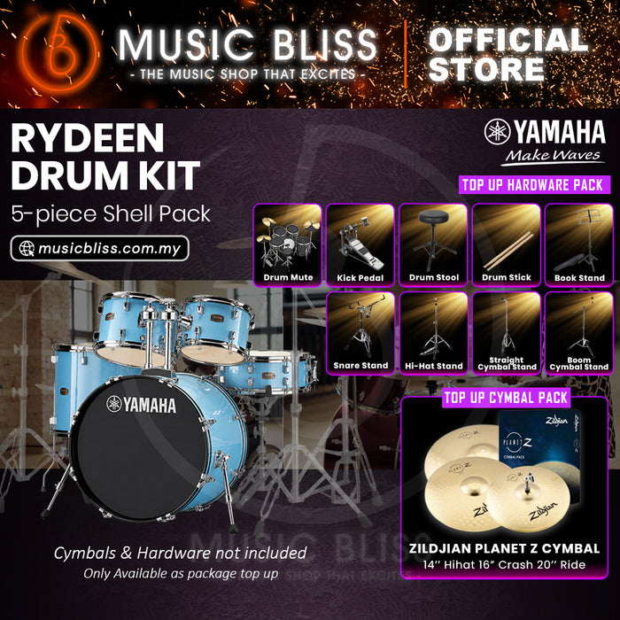 Yamaha Rydeen 5-Piece Acoustic Drum Kit – 22" Bass Drum – Shell Pack Only or Complete Package with Hardware & Cymbals - Gloss Pale Blue