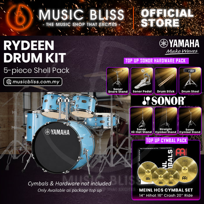 Yamaha Rydeen 5-Piece Acoustic Drum Kit – 22" Bass Drum – Shell Pack Only or Complete Package with Hardware & Cymbals - Gloss Pale Blue