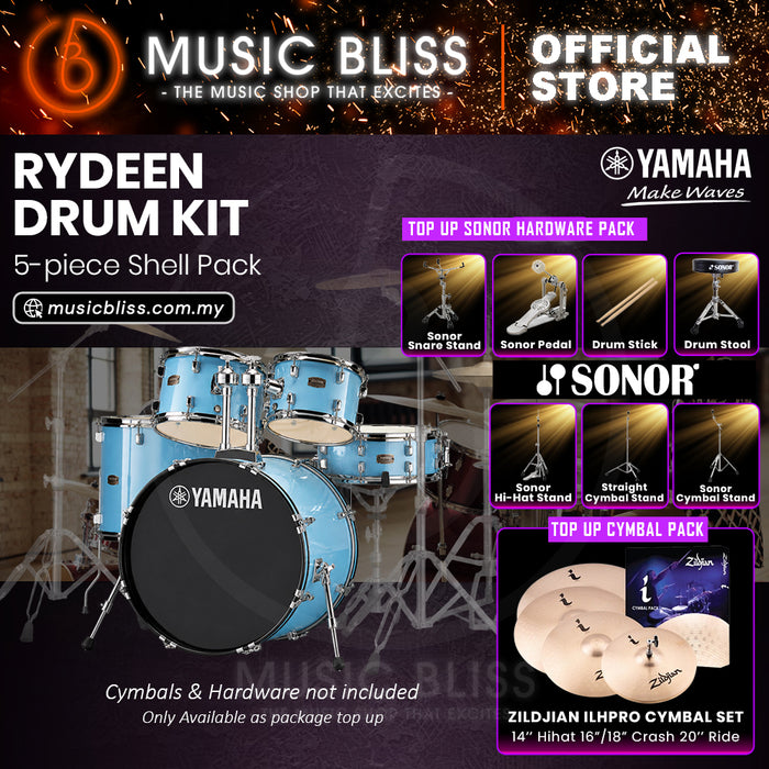 Yamaha Rydeen 5-Piece Acoustic Drum Kit – 22" Bass Drum – Shell Pack Only or Complete Package with Hardware & Cymbals - Gloss Pale Blue