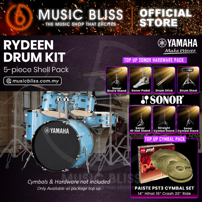 Yamaha Rydeen 5-Piece Acoustic Drum Kit – 22" Bass Drum – Shell Pack Only or Complete Package with Hardware & Cymbals - Gloss Pale Blue