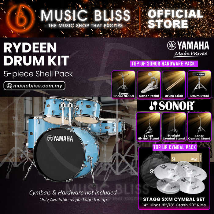 Yamaha Rydeen 5-Piece Acoustic Drum Kit – 22" Bass Drum – Shell Pack Only or Complete Package with Hardware & Cymbals - Gloss Pale Blue