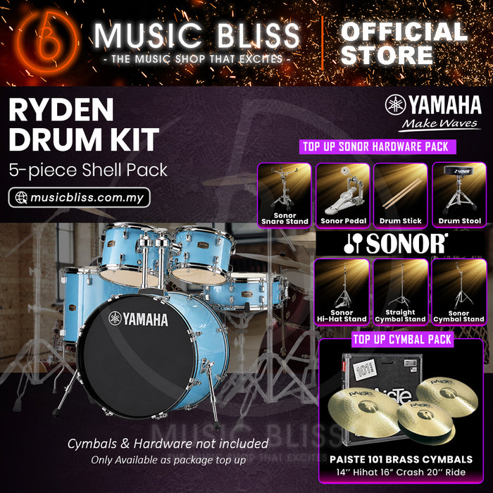 Yamaha Rydeen 5-Piece Acoustic Drum Kit – 22" Bass Drum – Shell Pack Only or Complete Package with Hardware & Cymbals - Gloss Pale Blue