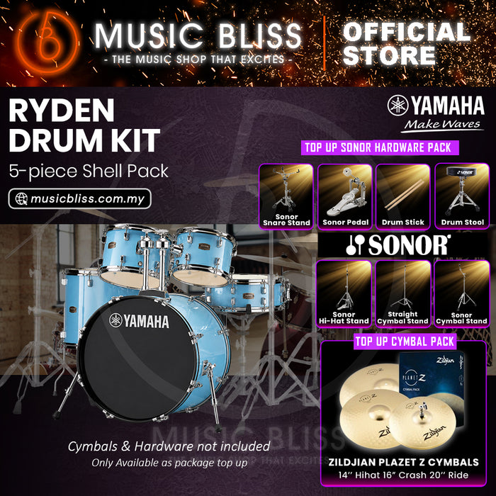Yamaha Rydeen 5-Piece Acoustic Drum Kit – 22" Bass Drum – Shell Pack Only or Complete Package with Hardware & Cymbals - Gloss Pale Blue